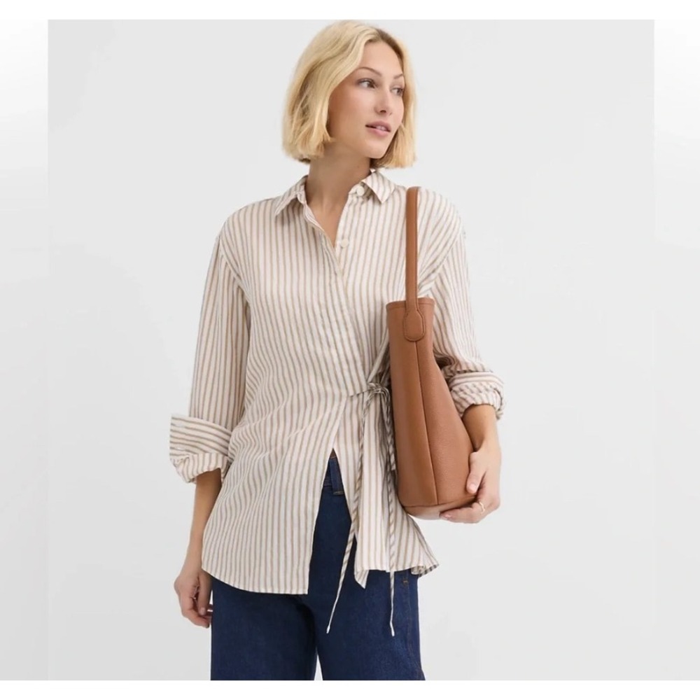 Loft Tan White Striped Side Tie Wrap Button Down Shirt Blouse XS